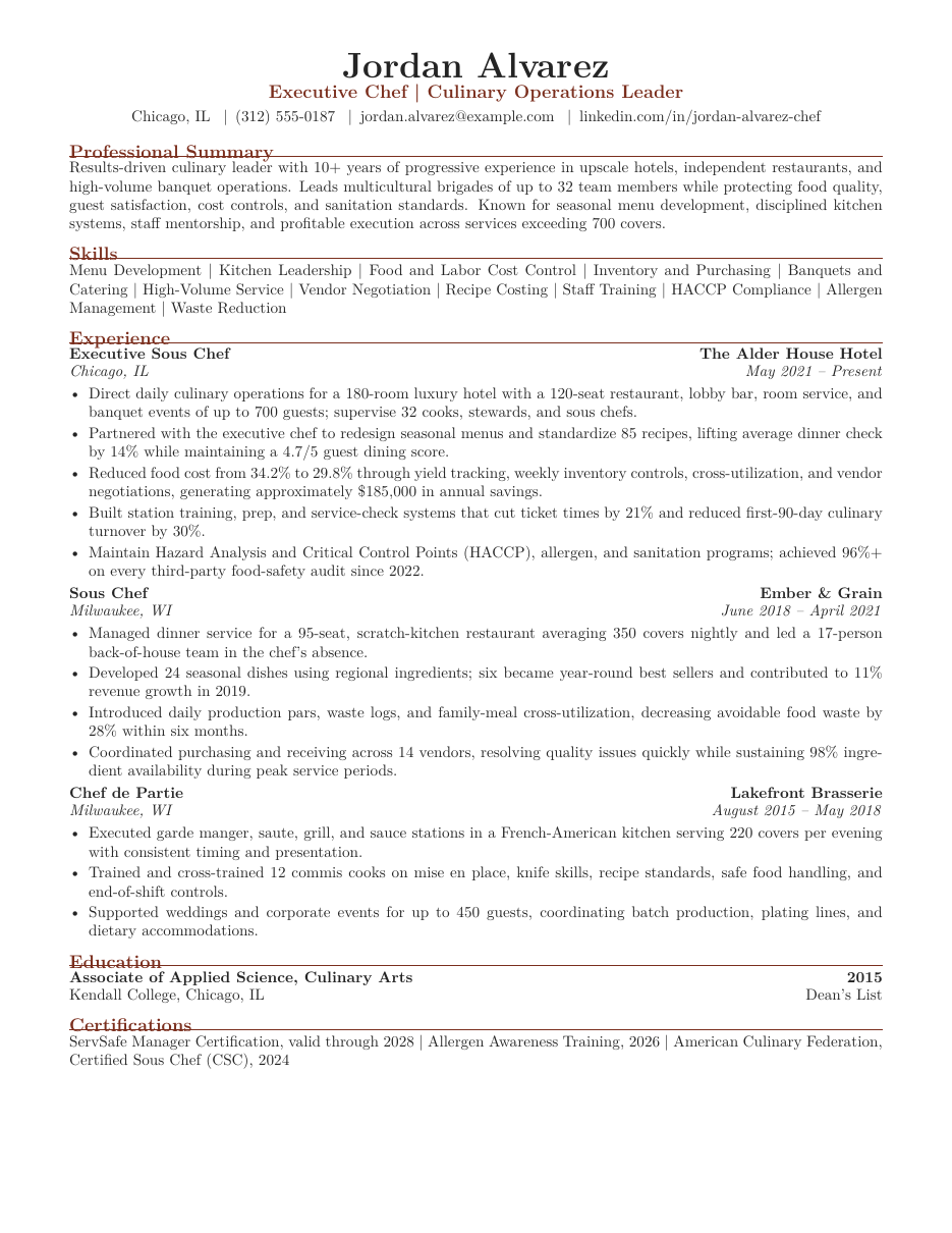 Chef and Culinary Resume LaTeX template — first page preview