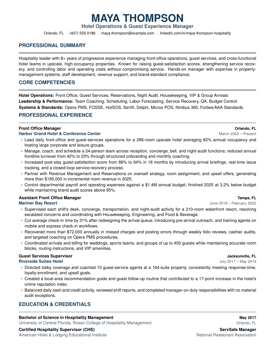 Hotel and Hospitality Resume LaTeX template — first page preview