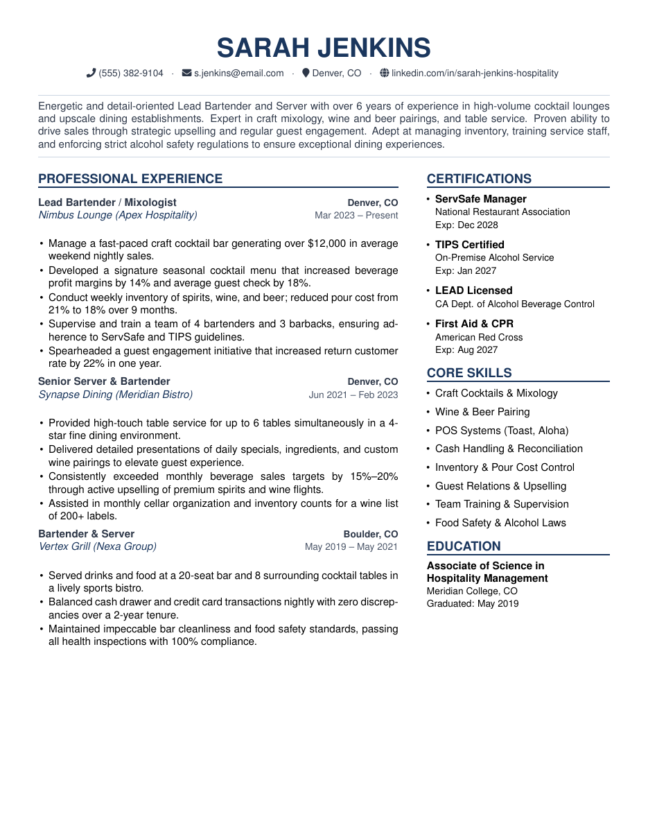 Bartender and Server Resume LaTeX template — first page preview