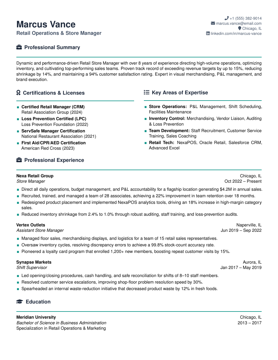 Retail Manager Resume LaTeX template — first page preview