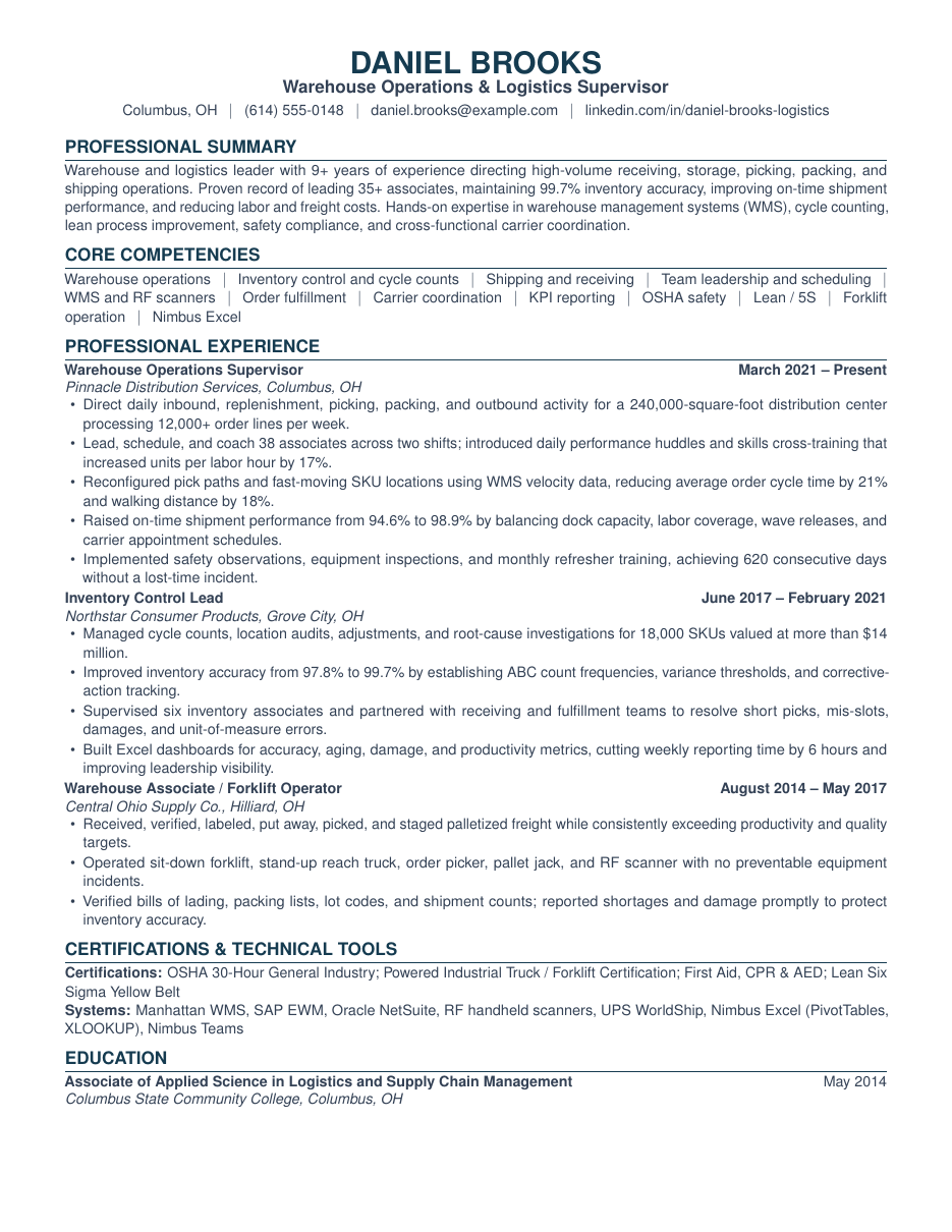 Warehouse and Logistics Resume LaTeX template — first page preview