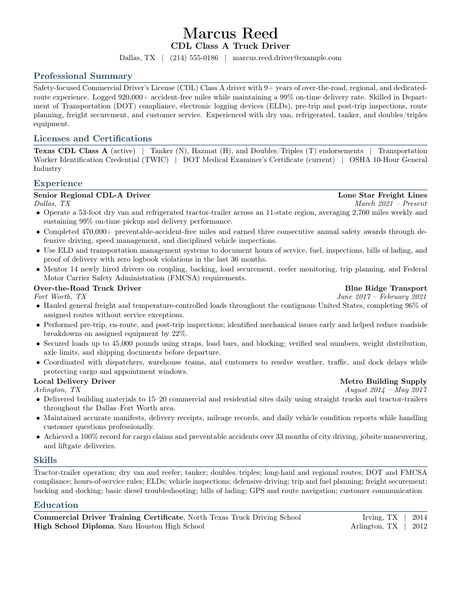 Truck Driver CDL Resume LaTeX template — first page preview