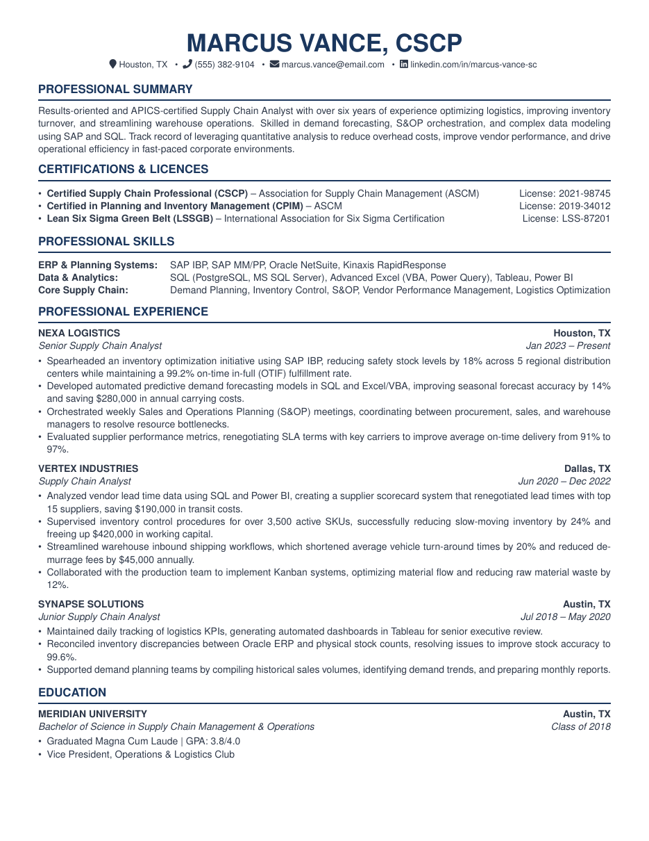 Supply Chain Analyst Resume LaTeX template — first page preview