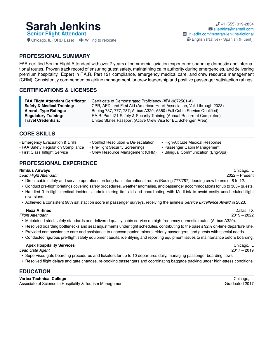 Flight Attendant Resume LaTeX template — first page preview