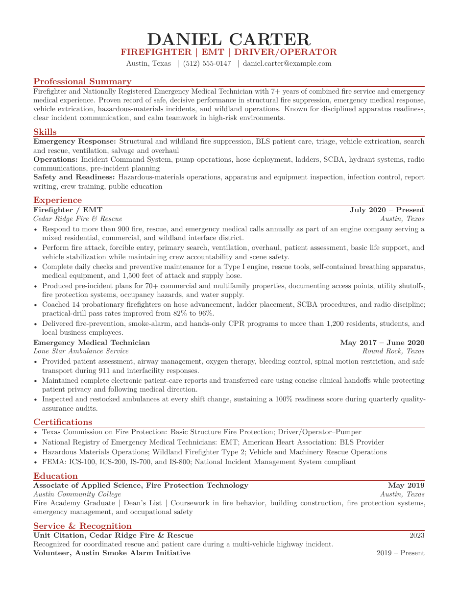 Firefighter Resume LaTeX template — first page preview