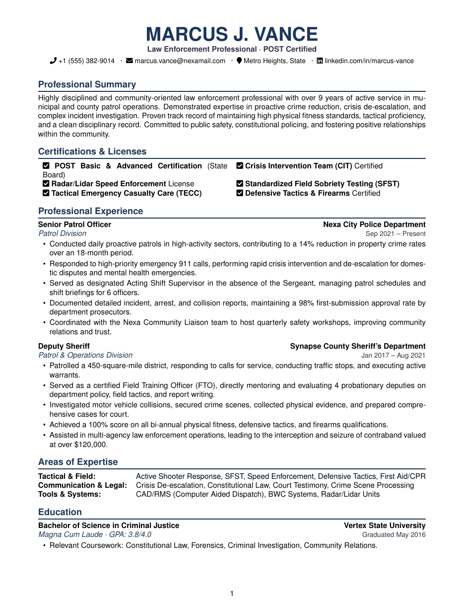 Police Officer Resume LaTeX template — first page preview