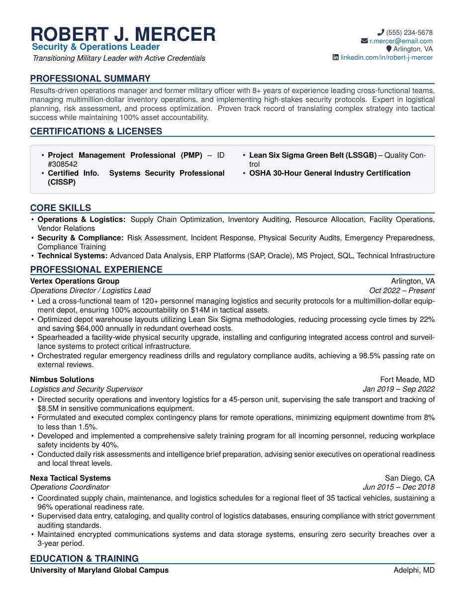 Military to Civilian Resume LaTeX template — first page preview
