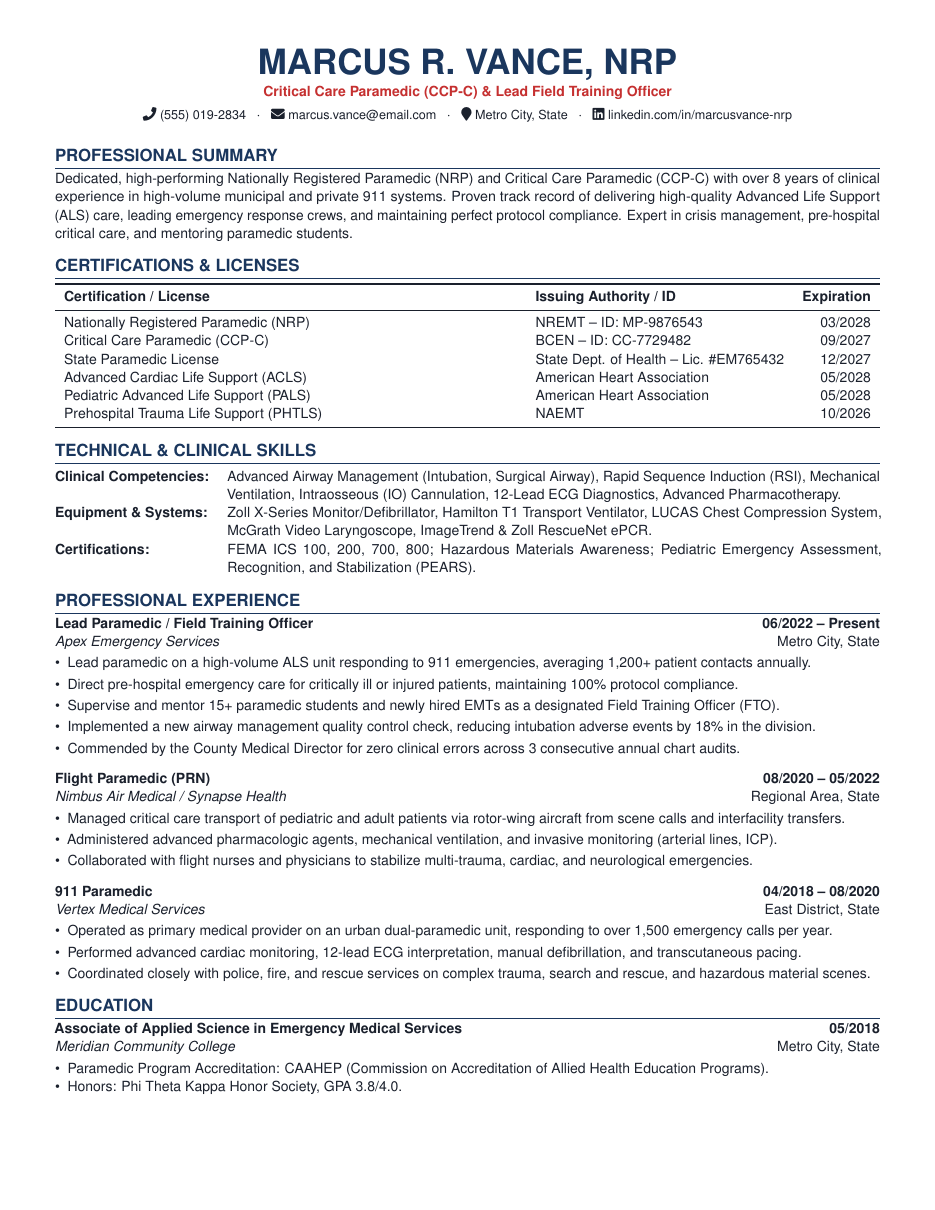 Paramedic and EMT Resume LaTeX template — first page preview