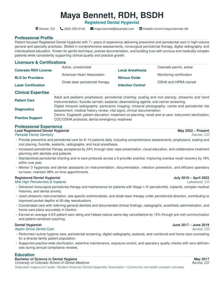 Dental Hygienist Resume LaTeX template — first page preview