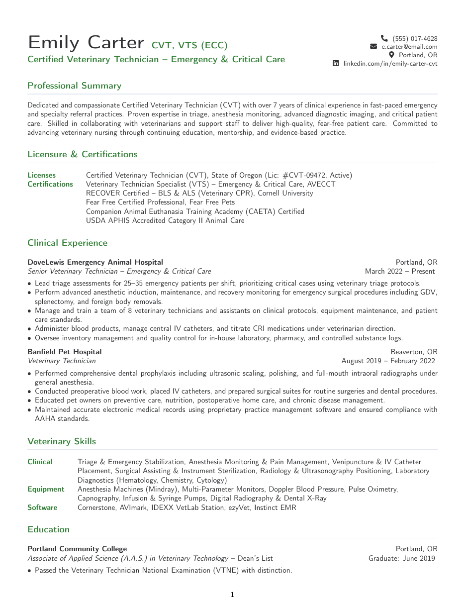 Veterinary Technician Resume LaTeX template — first page preview