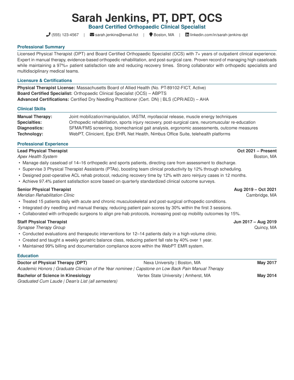 Physical Therapist Resume LaTeX template — first page preview