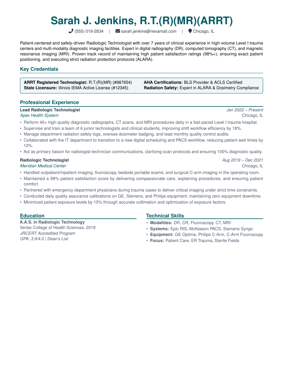 Radiologic Technologist Resume LaTeX template — first page preview