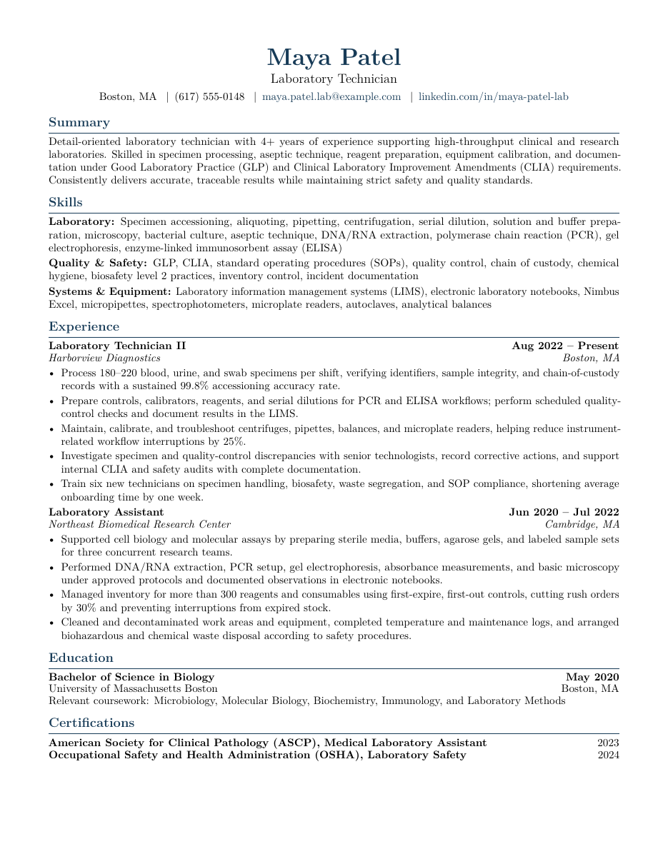 Lab Technician Resume LaTeX template — first page preview