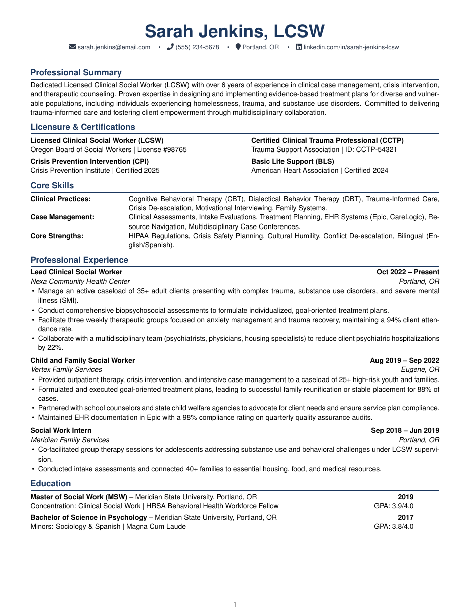 Social Worker Resume LaTeX template — first page preview