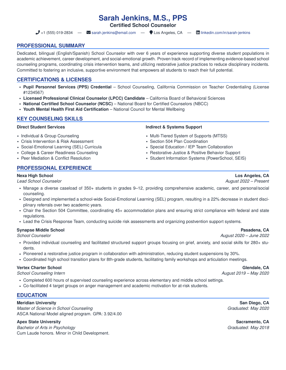 School Counselor Resume LaTeX template — first page preview