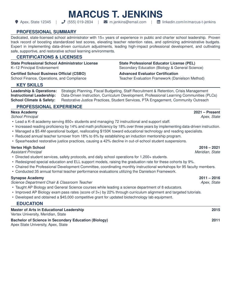 School Principal Resume LaTeX template — first page preview