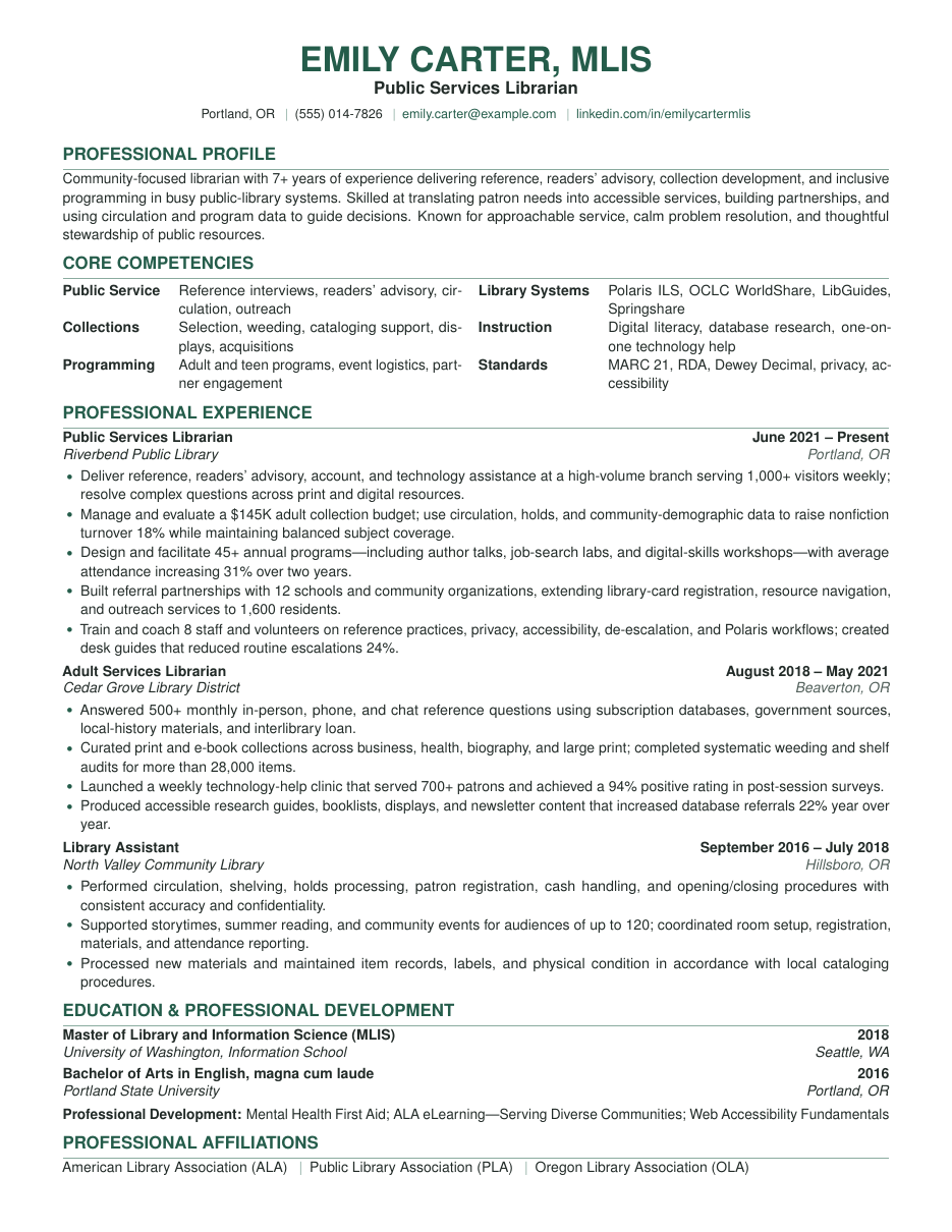 Librarian Resume LaTeX template — first page preview