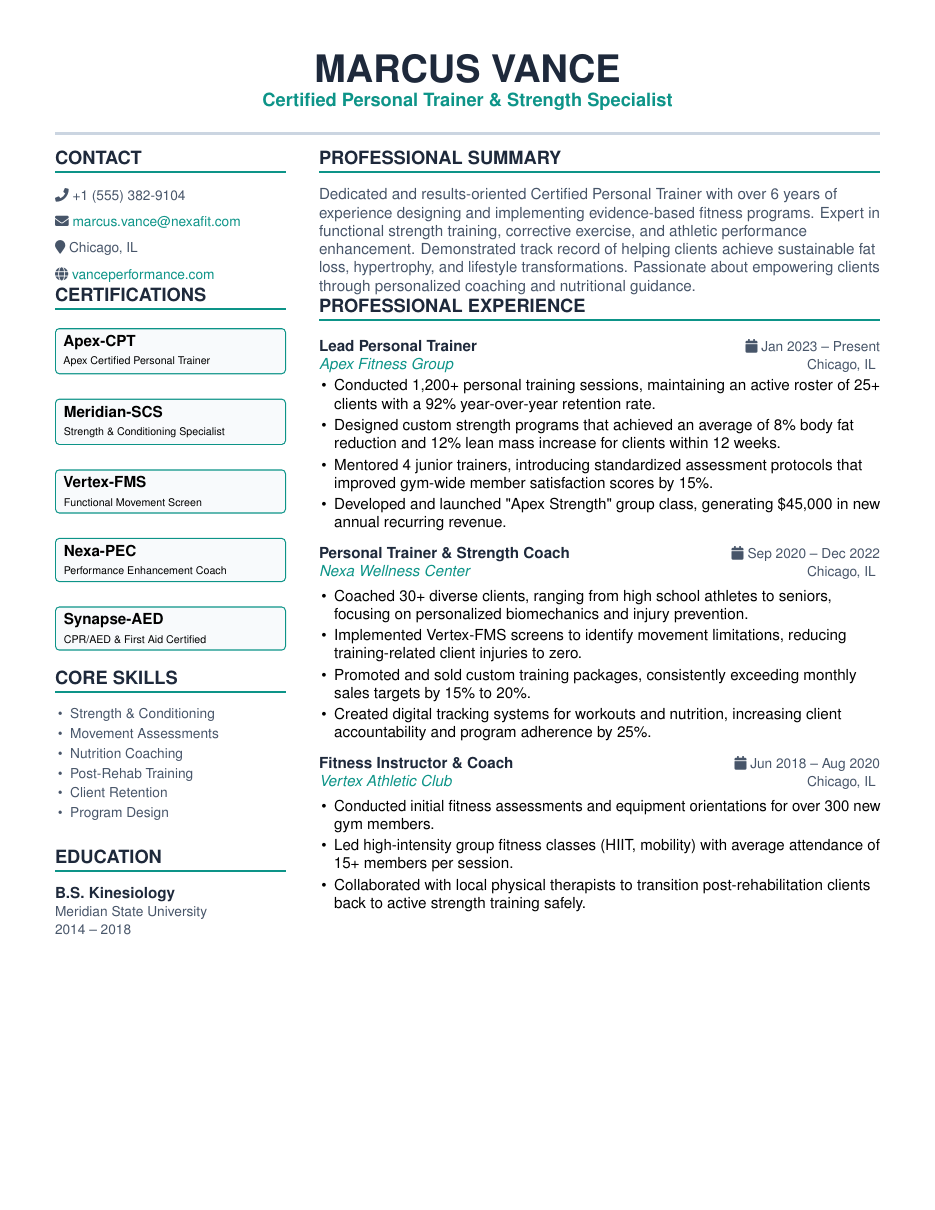 Personal Trainer Resume LaTeX template — first page preview