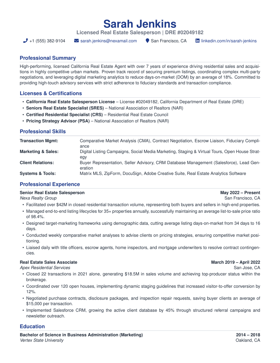 Real Estate Agent Resume LaTeX template — first page preview