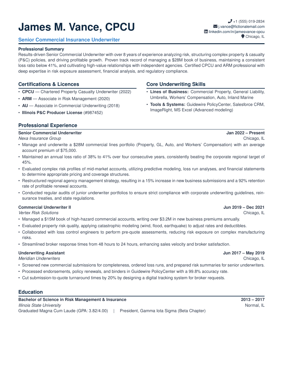 Insurance Underwriter Resume LaTeX template — first page preview