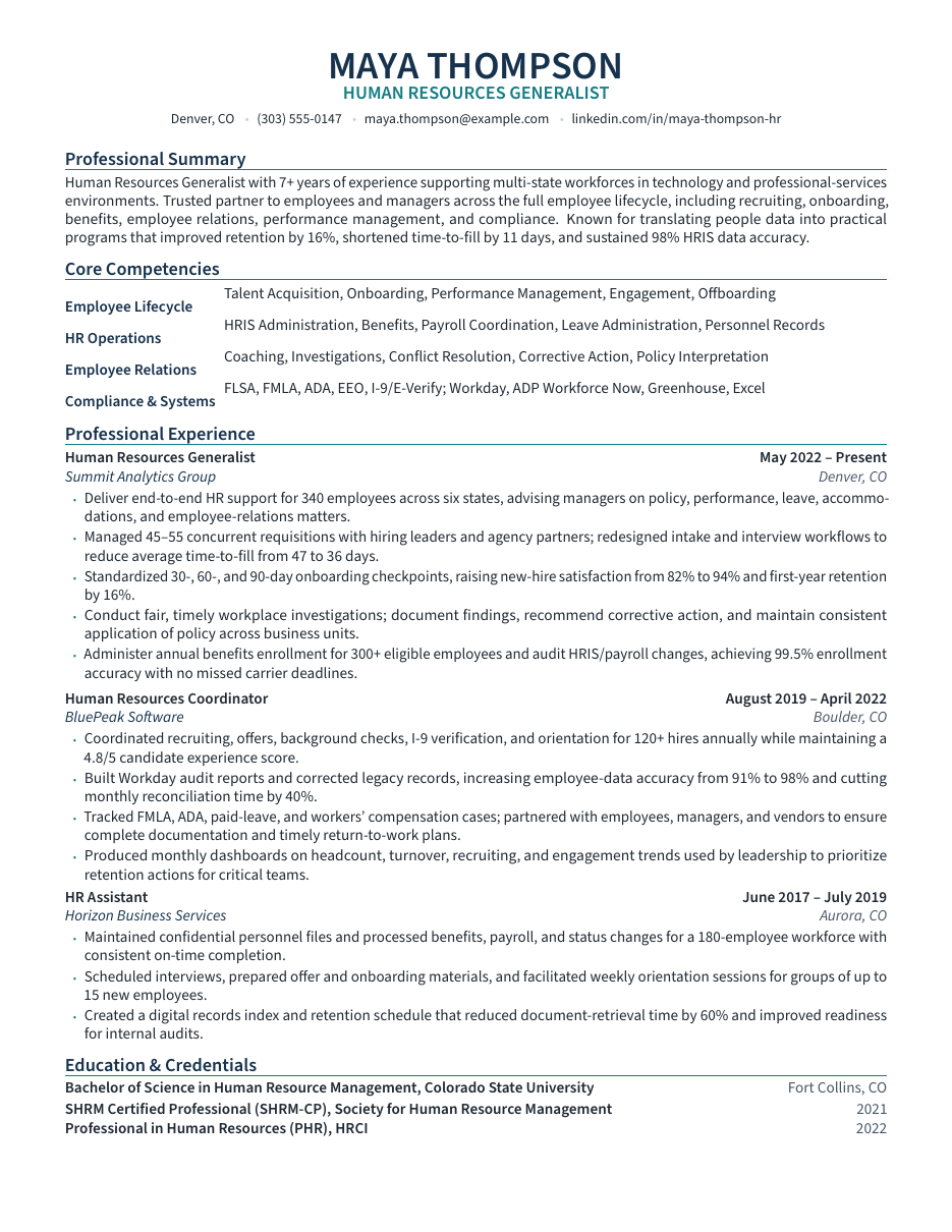 Human Resources Generalist Resume LaTeX template — first page preview