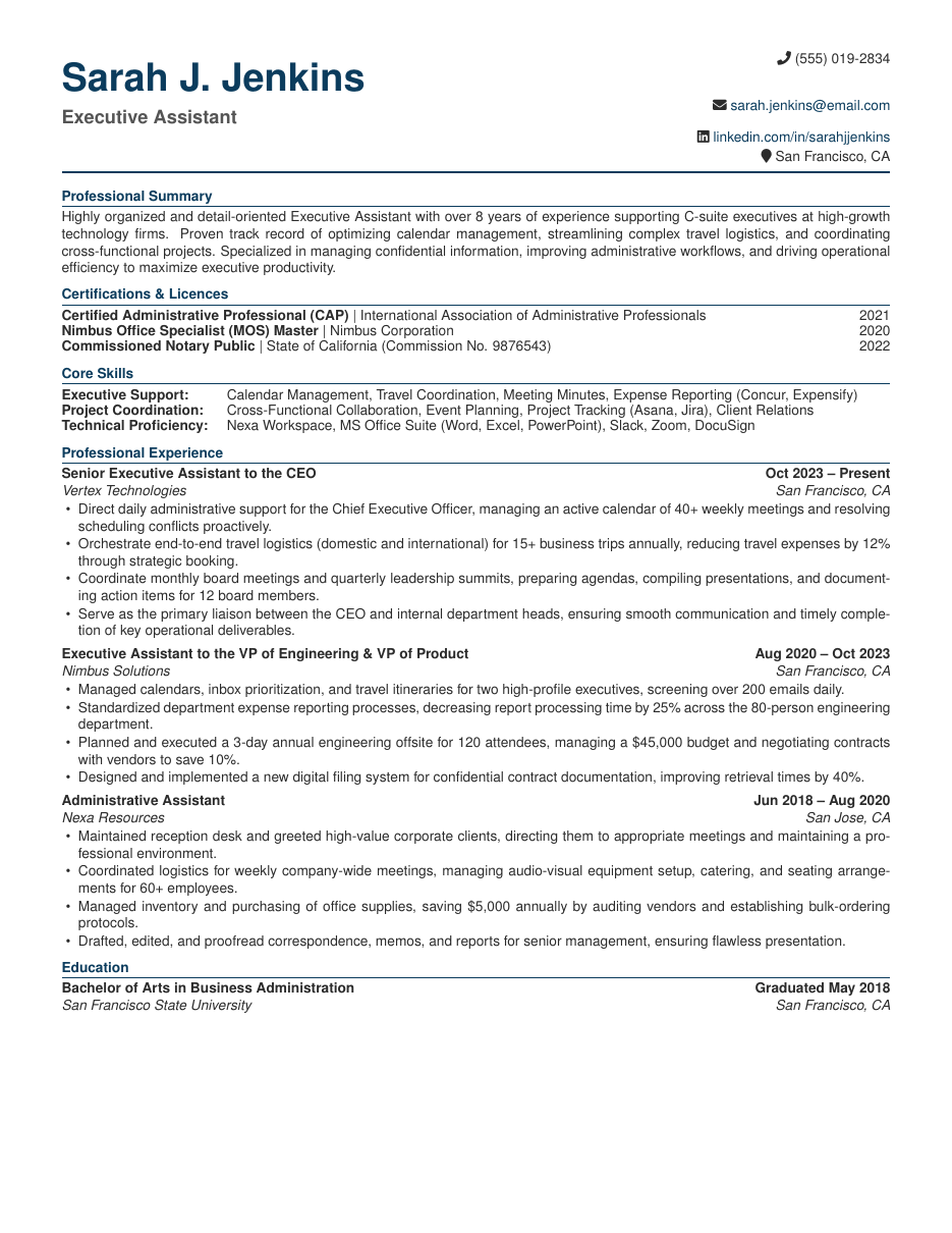 Executive Assistant Resume LaTeX template — first page preview