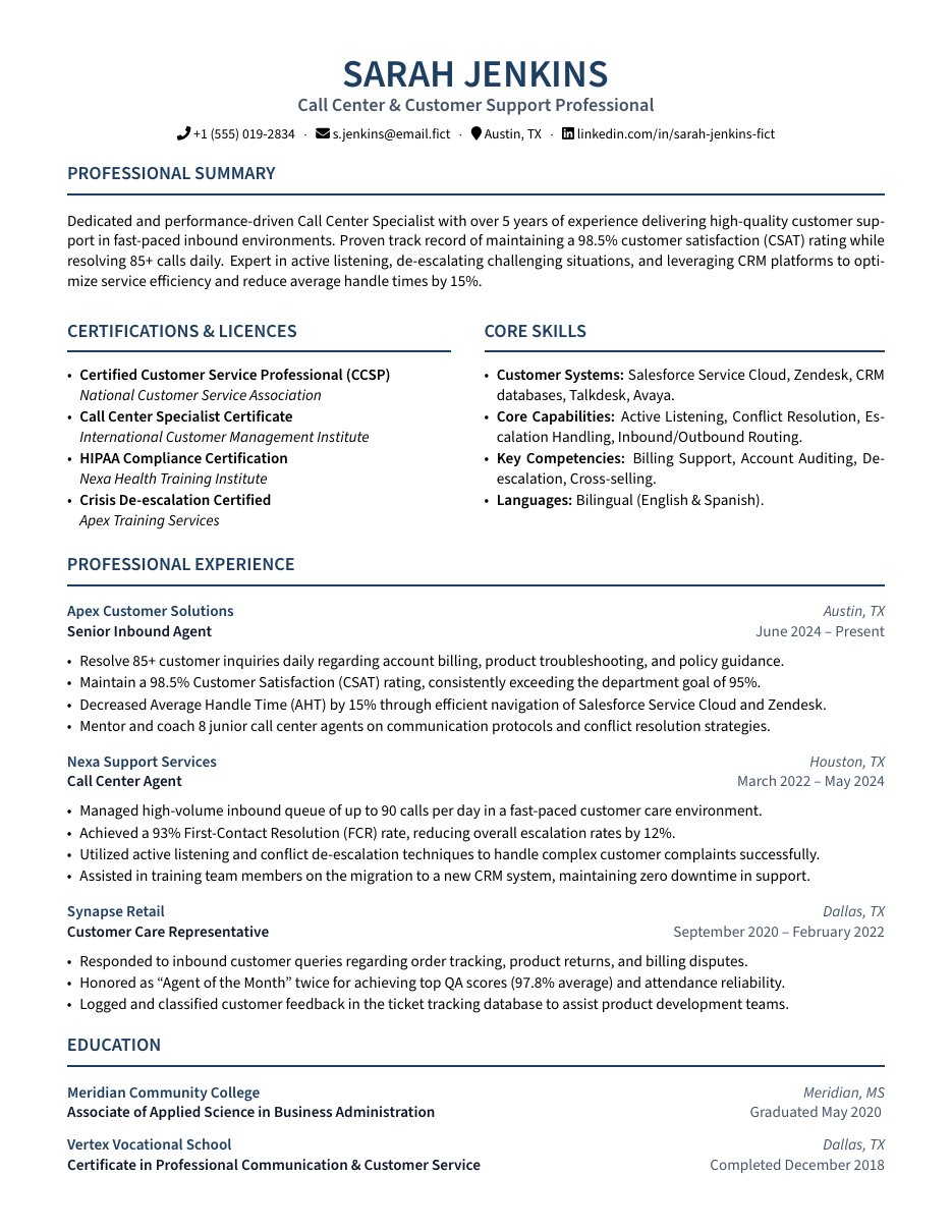 Call Center Agent Resume LaTeX template — first page preview