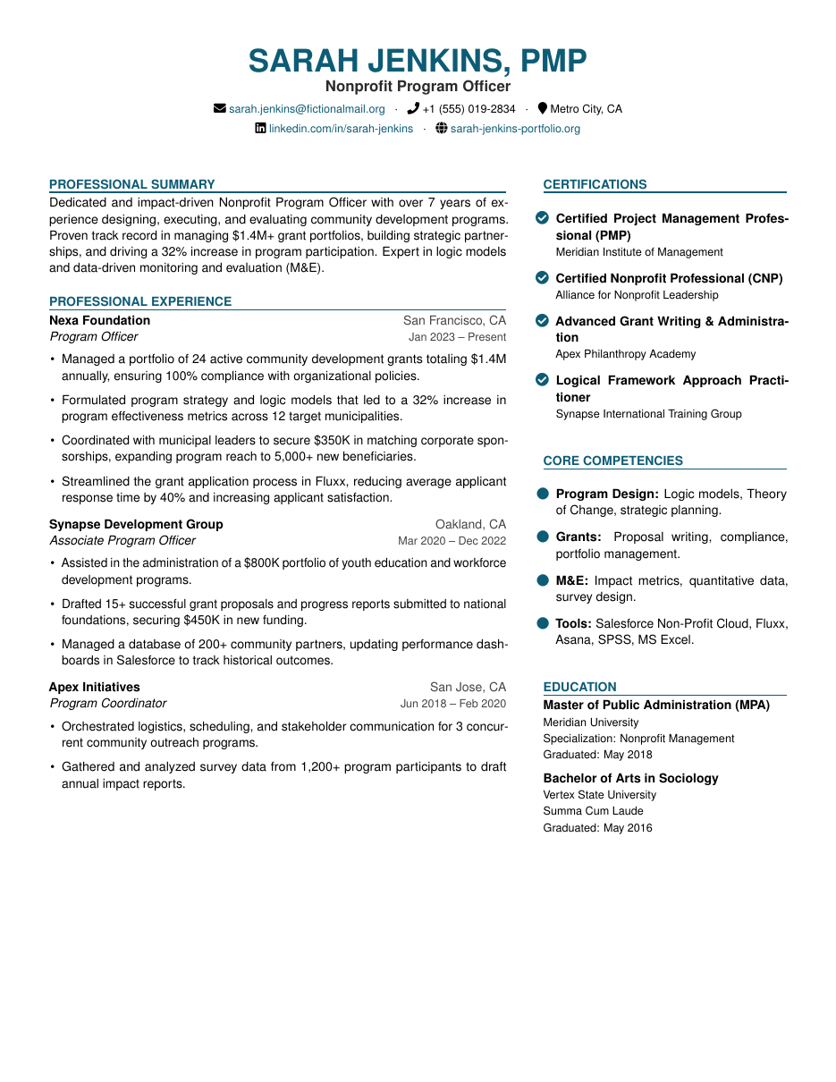 Nonprofit Program Officer Resume LaTeX template — first page preview