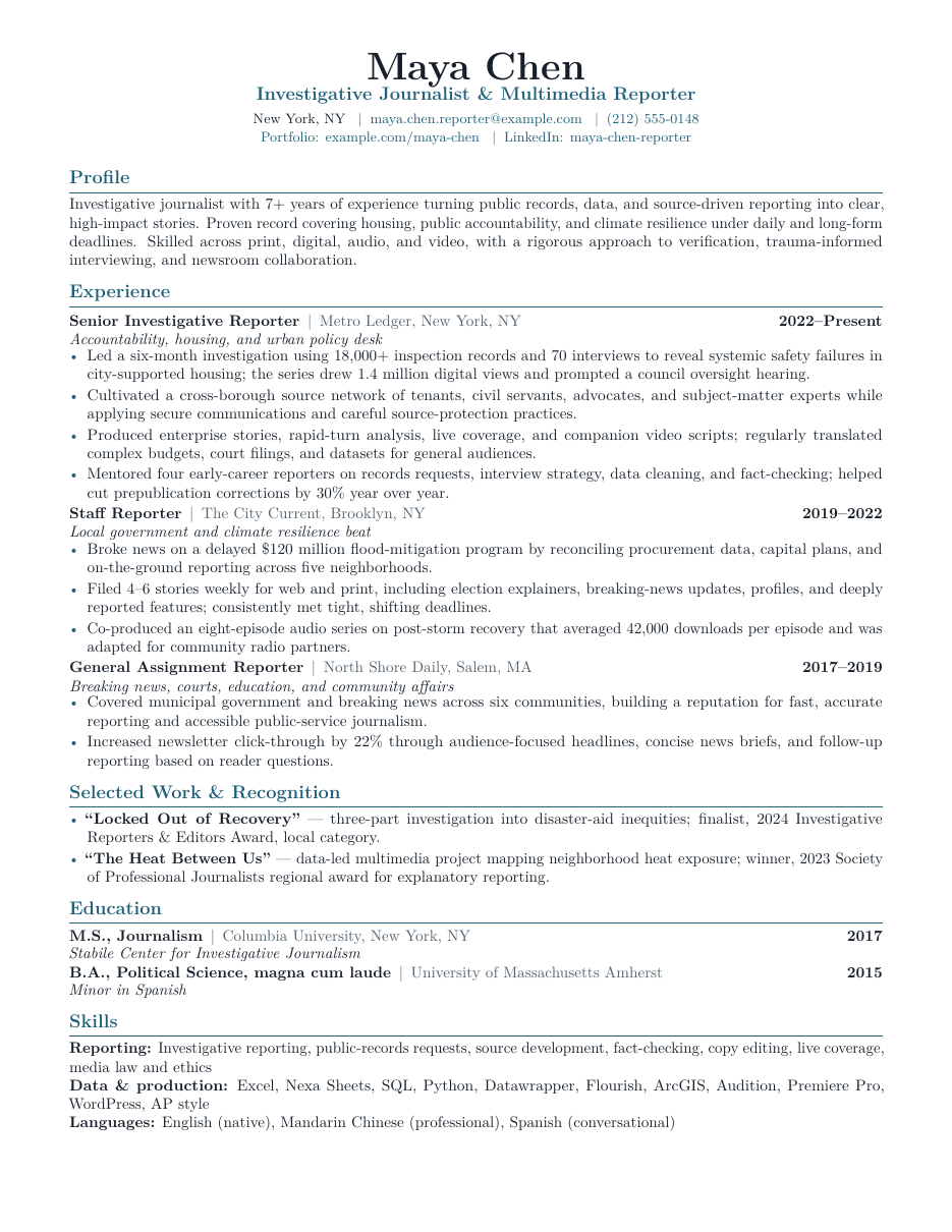 Journalist and Reporter Resume LaTeX template — first page preview