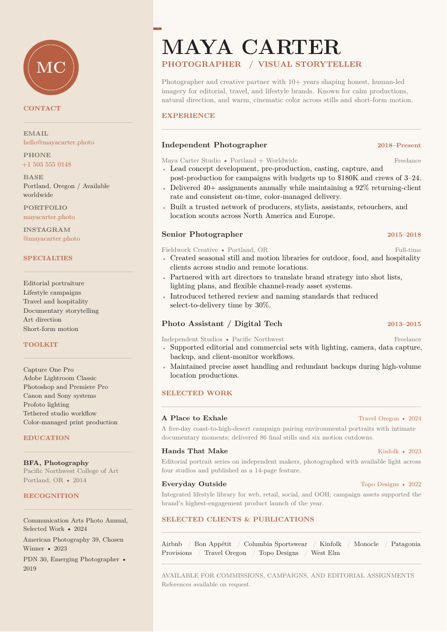 Photographer Portfolio Resume LaTeX template — first page preview