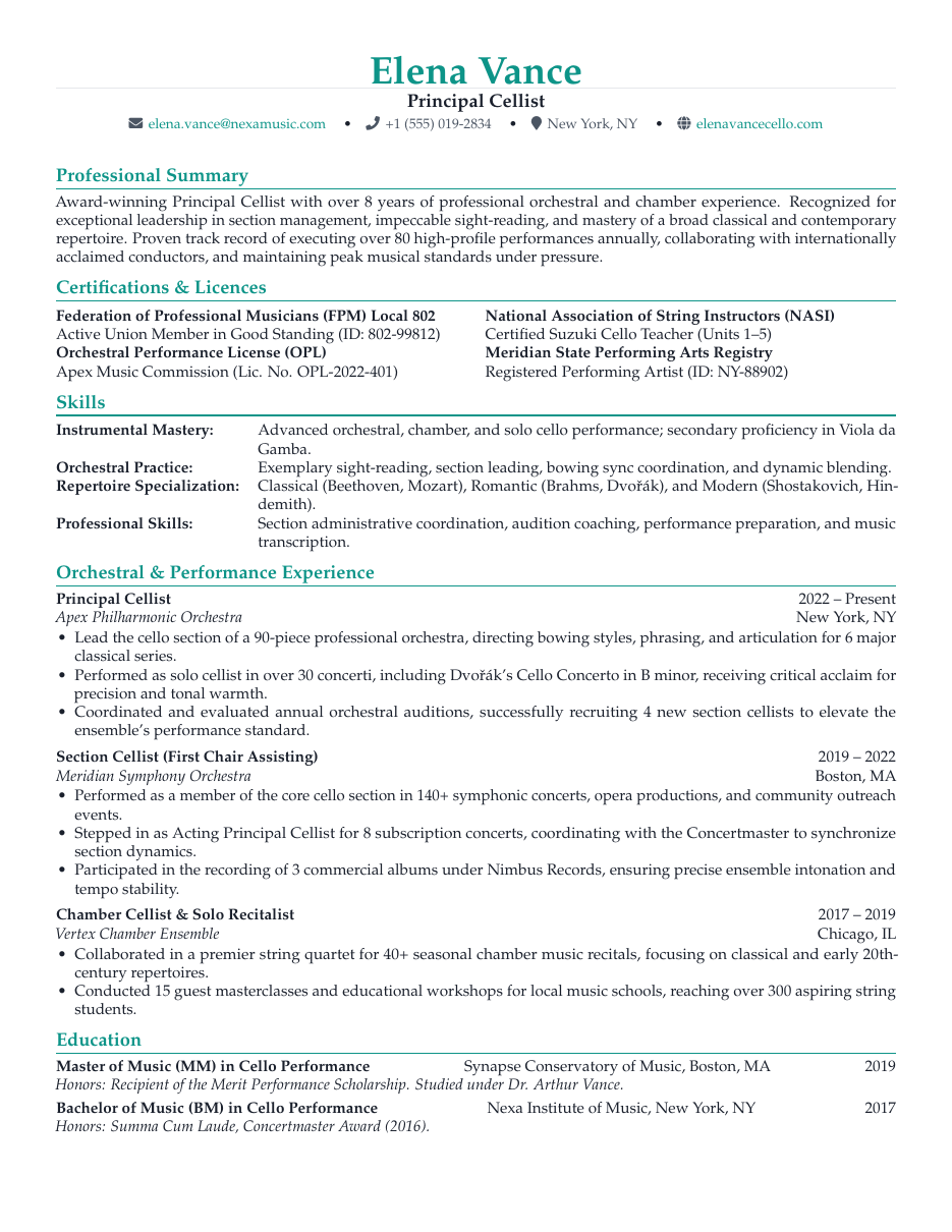 Musician Performance Resume LaTeX template — first page preview
