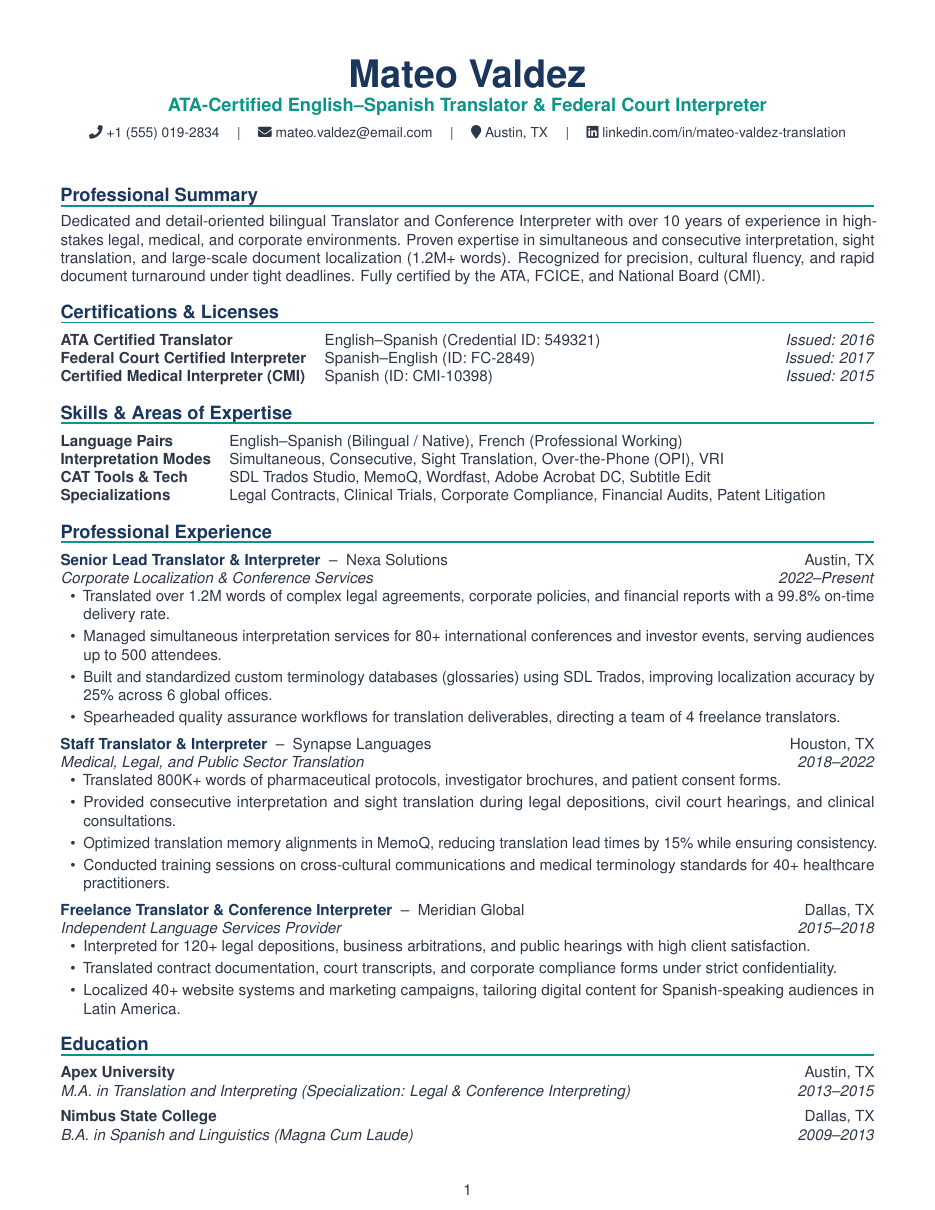 Translator and Interpreter Resume LaTeX template — first page preview