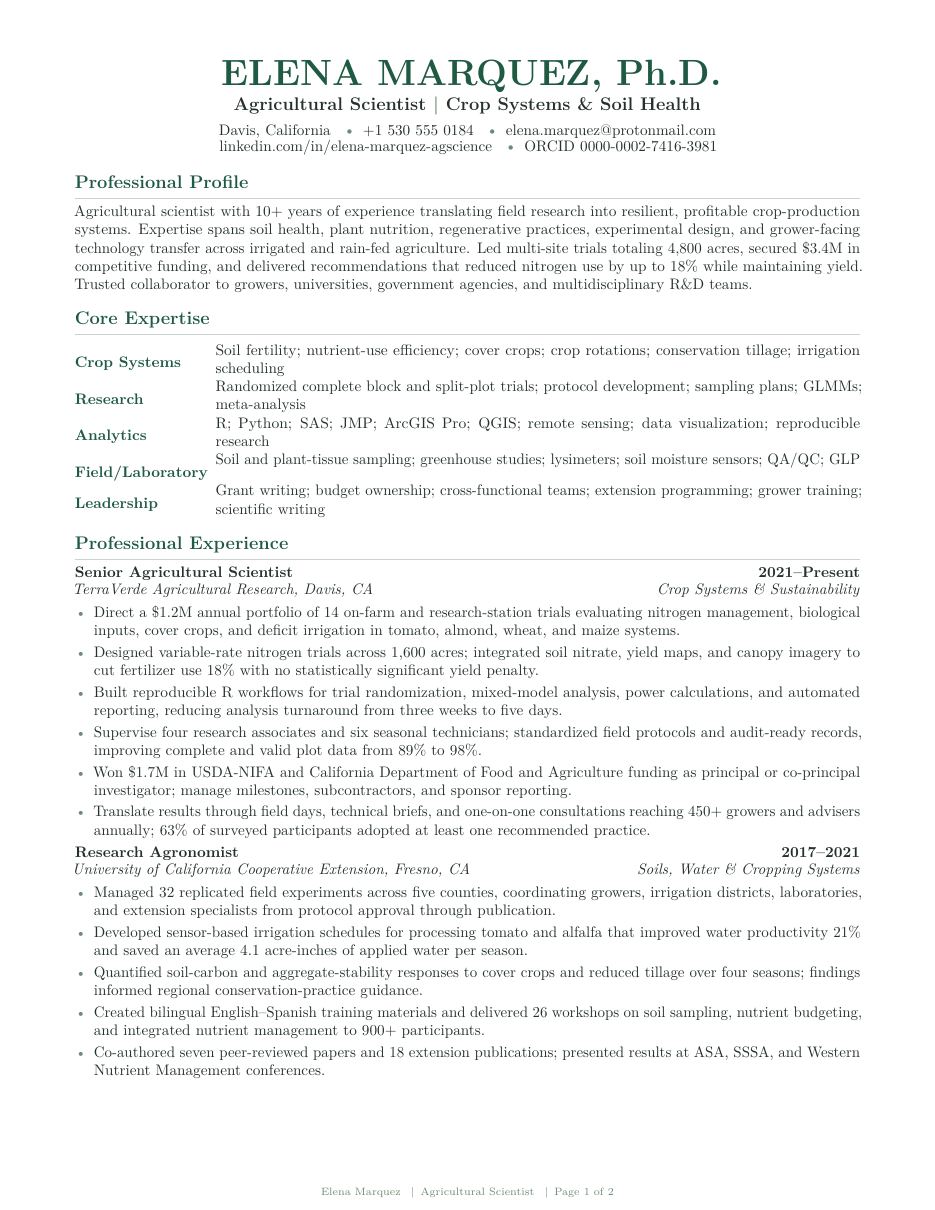 Agricultural Scientist Resume LaTeX template — first page preview