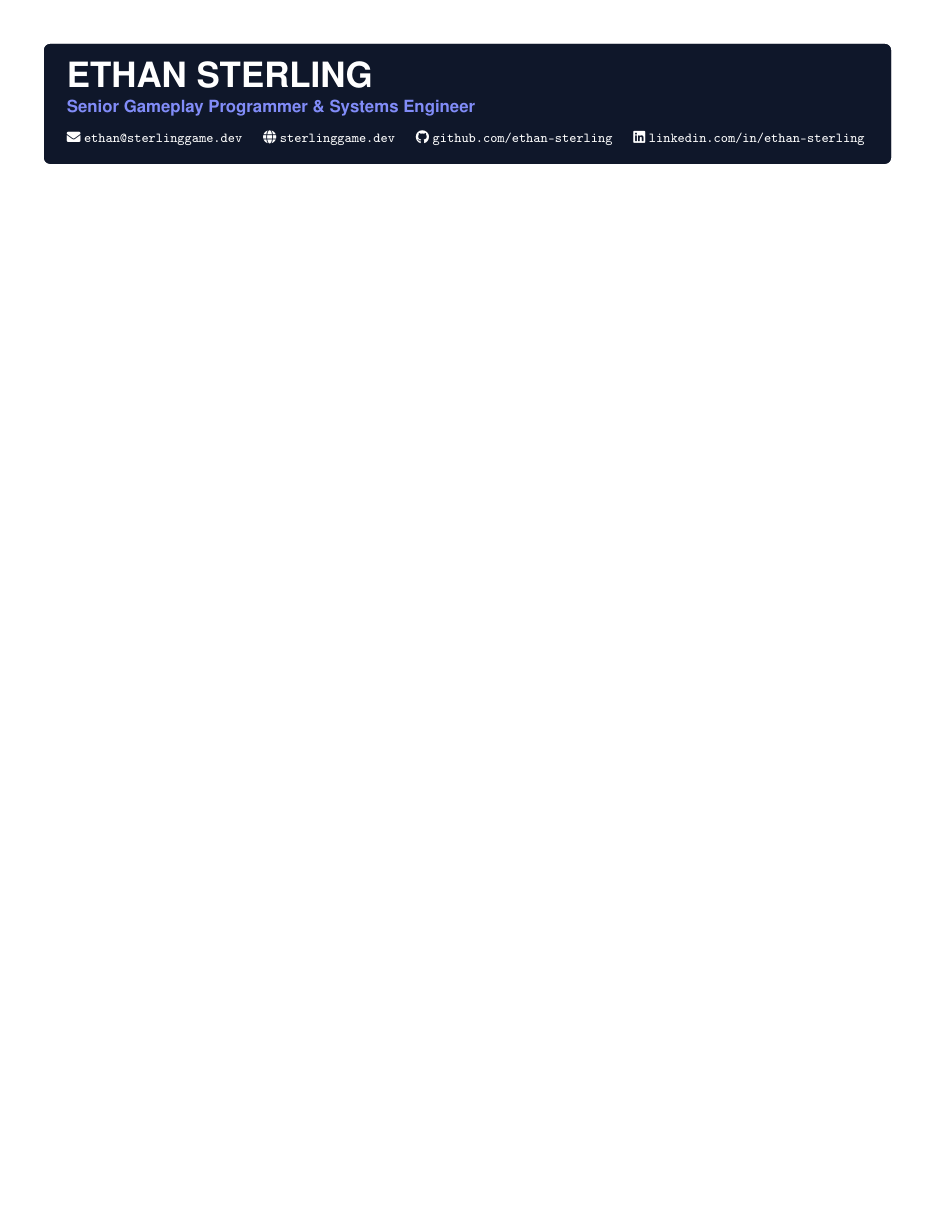Game Developer Resume LaTeX template — first page preview