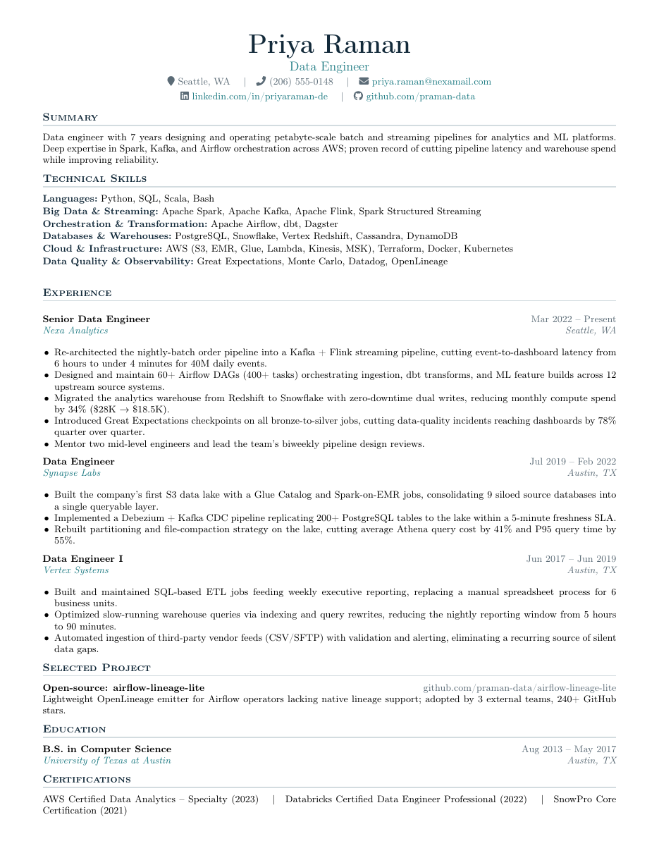 Data Engineer Resume LaTeX template — first page preview