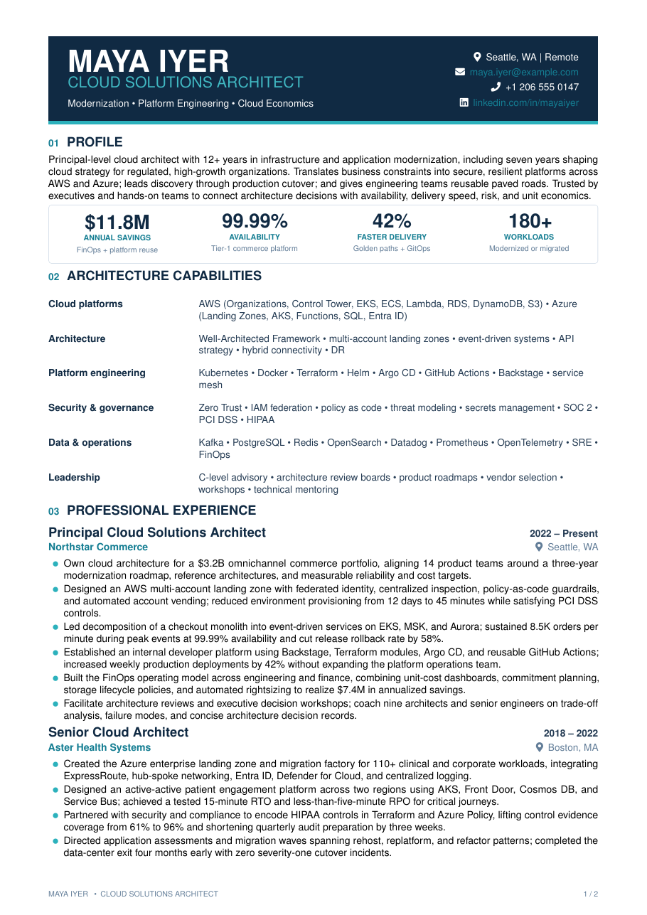 Cloud Solutions Architect Resume LaTeX template — first page preview