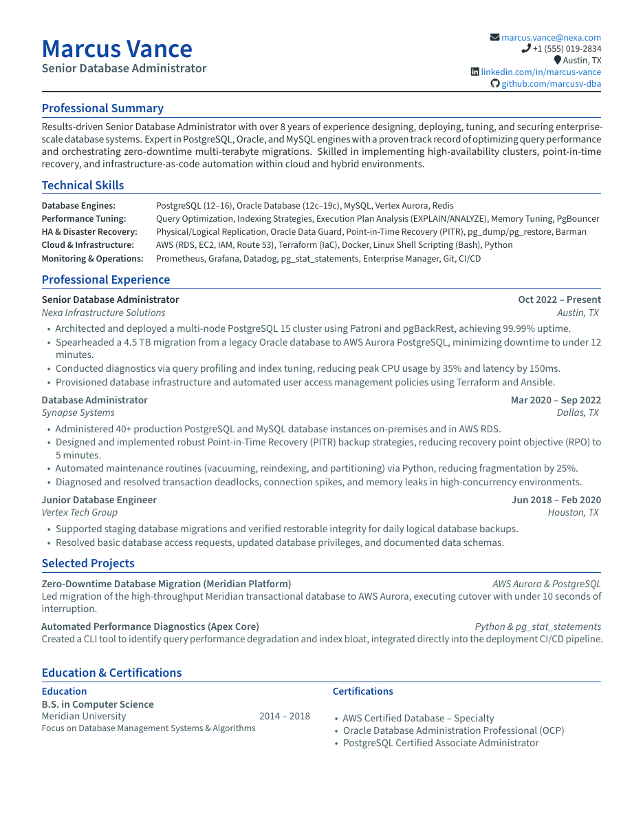 Database Administrator (DBA) Resume LaTeX template — first page preview