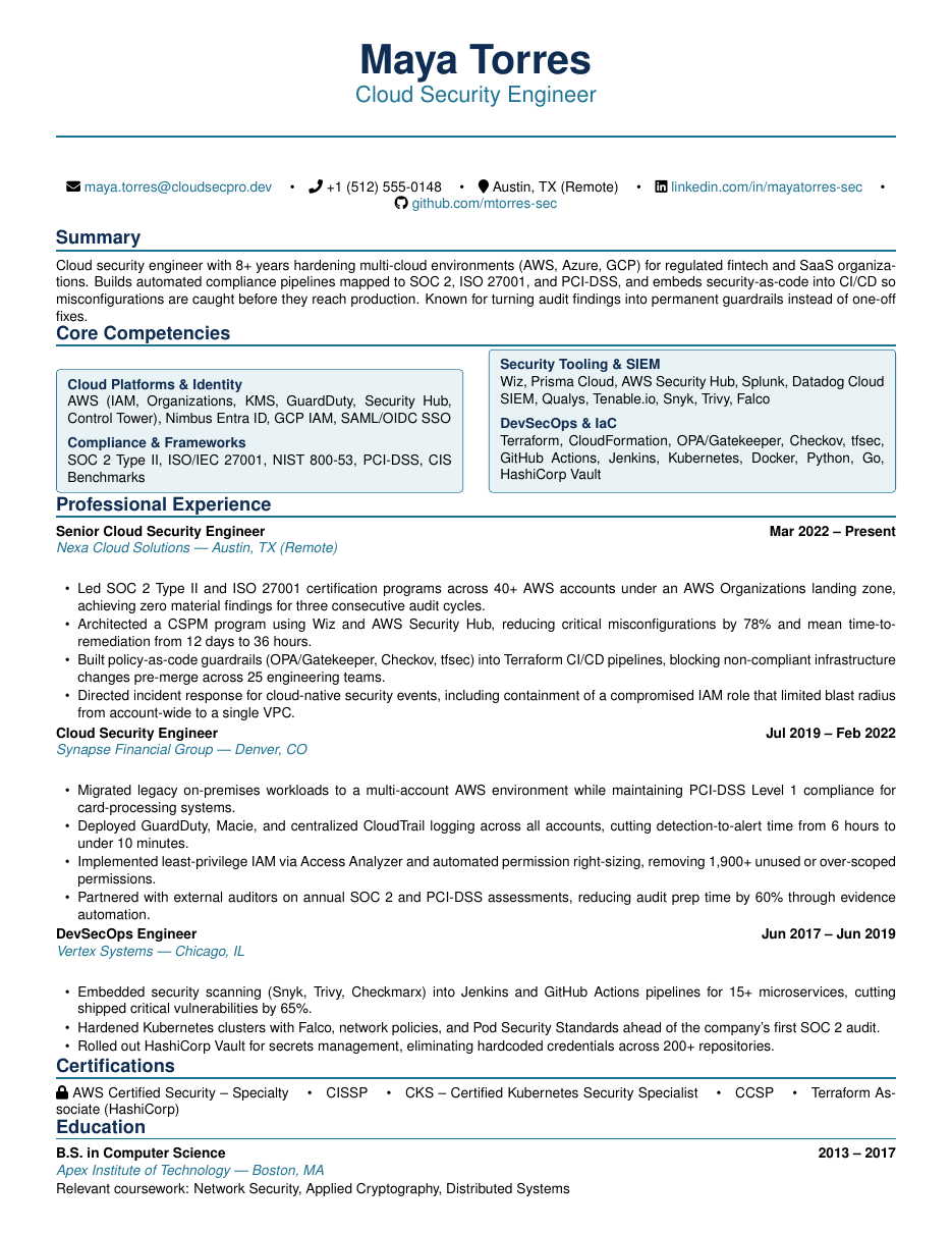 Cloud Security Engineer Resume LaTeX template — first page preview