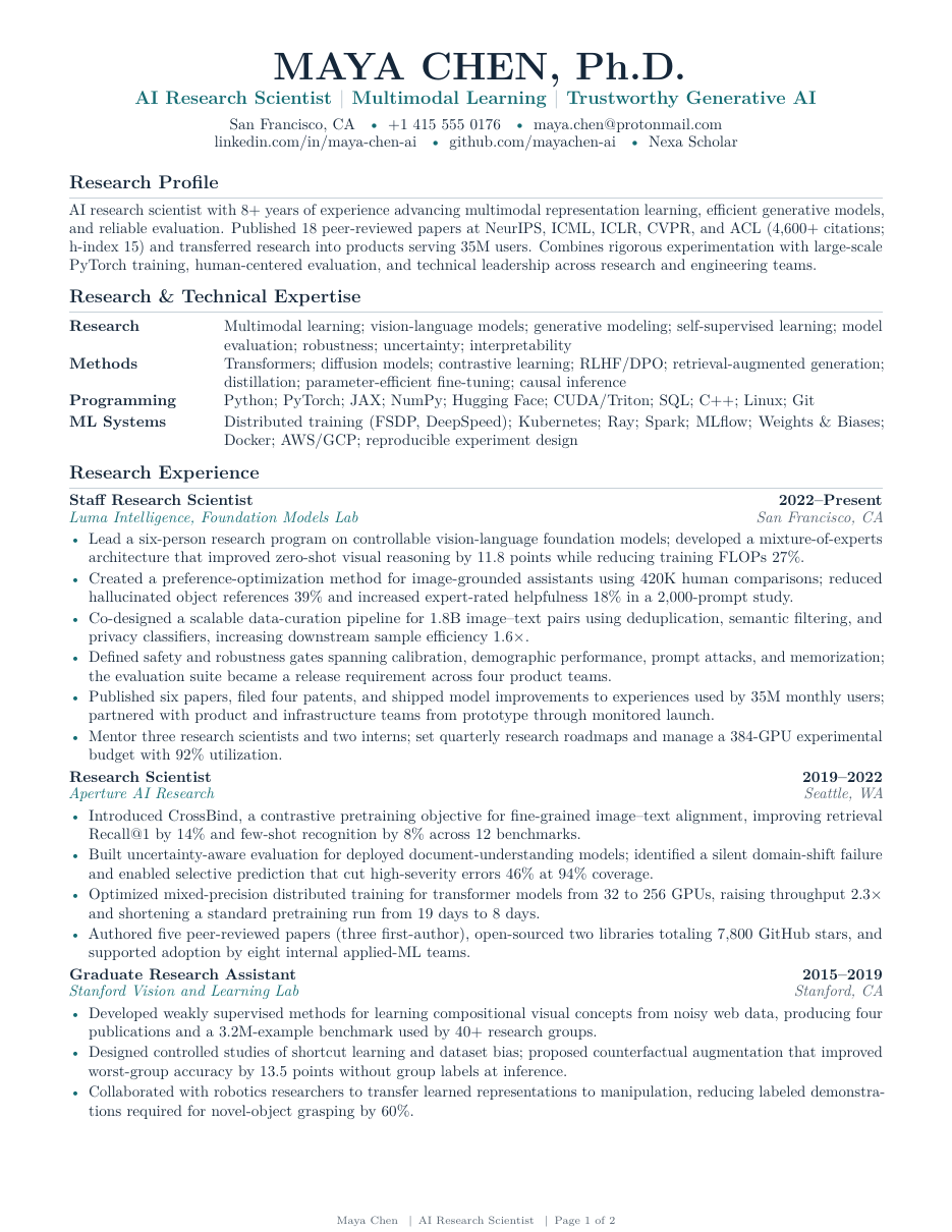 AI Research Scientist Resume LaTeX template — first page preview