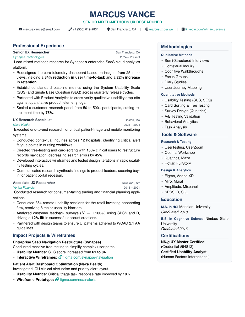 UI/UX Researcher Resume LaTeX template — first page preview