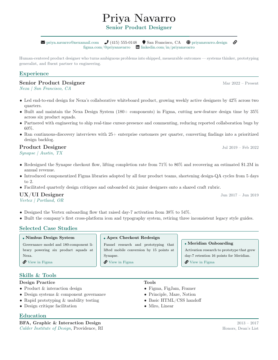 Product Designer Resume LaTeX template — first page preview