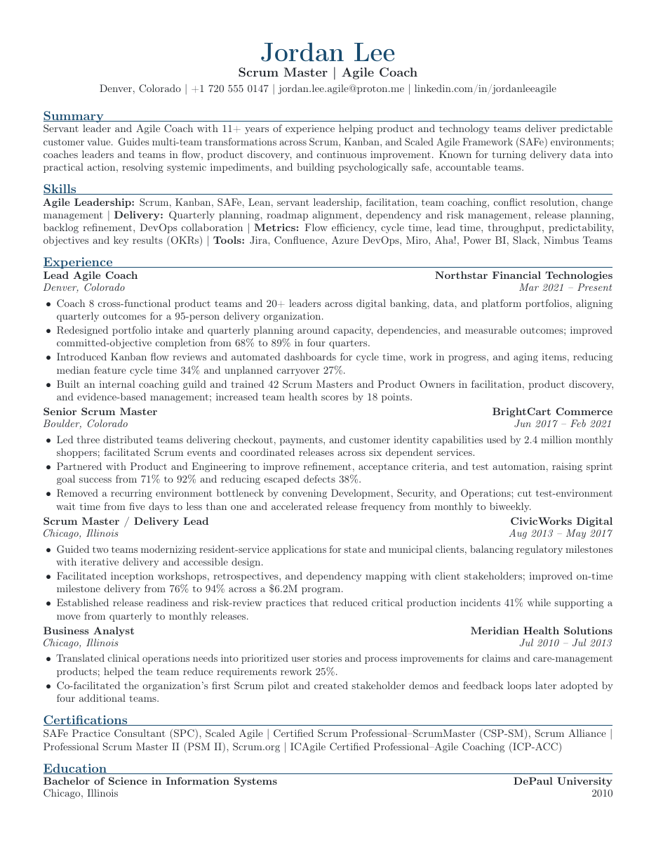 Scrum Master & Agile Coach Resume LaTeX template — first page preview