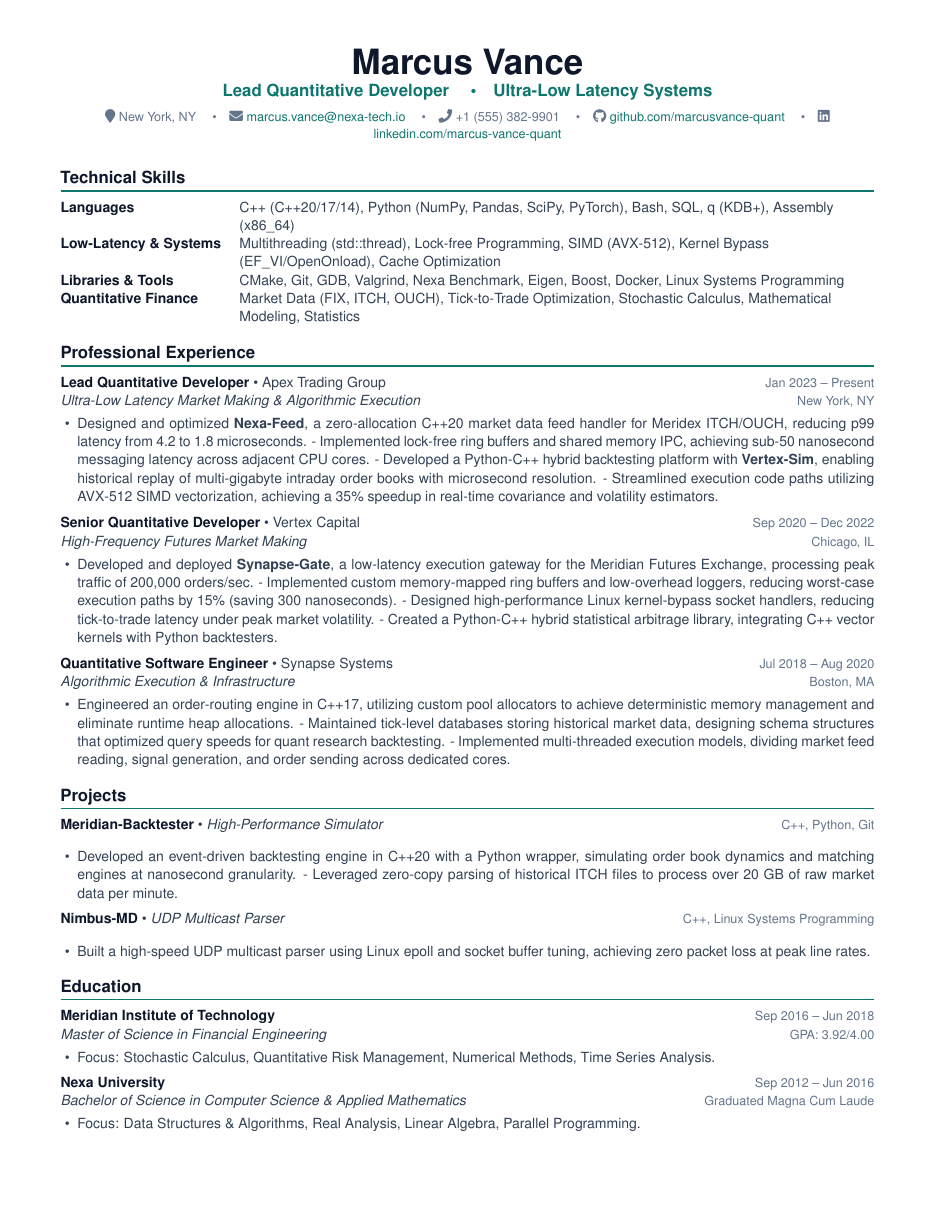 Quantitative Developer Resume LaTeX template — first page preview