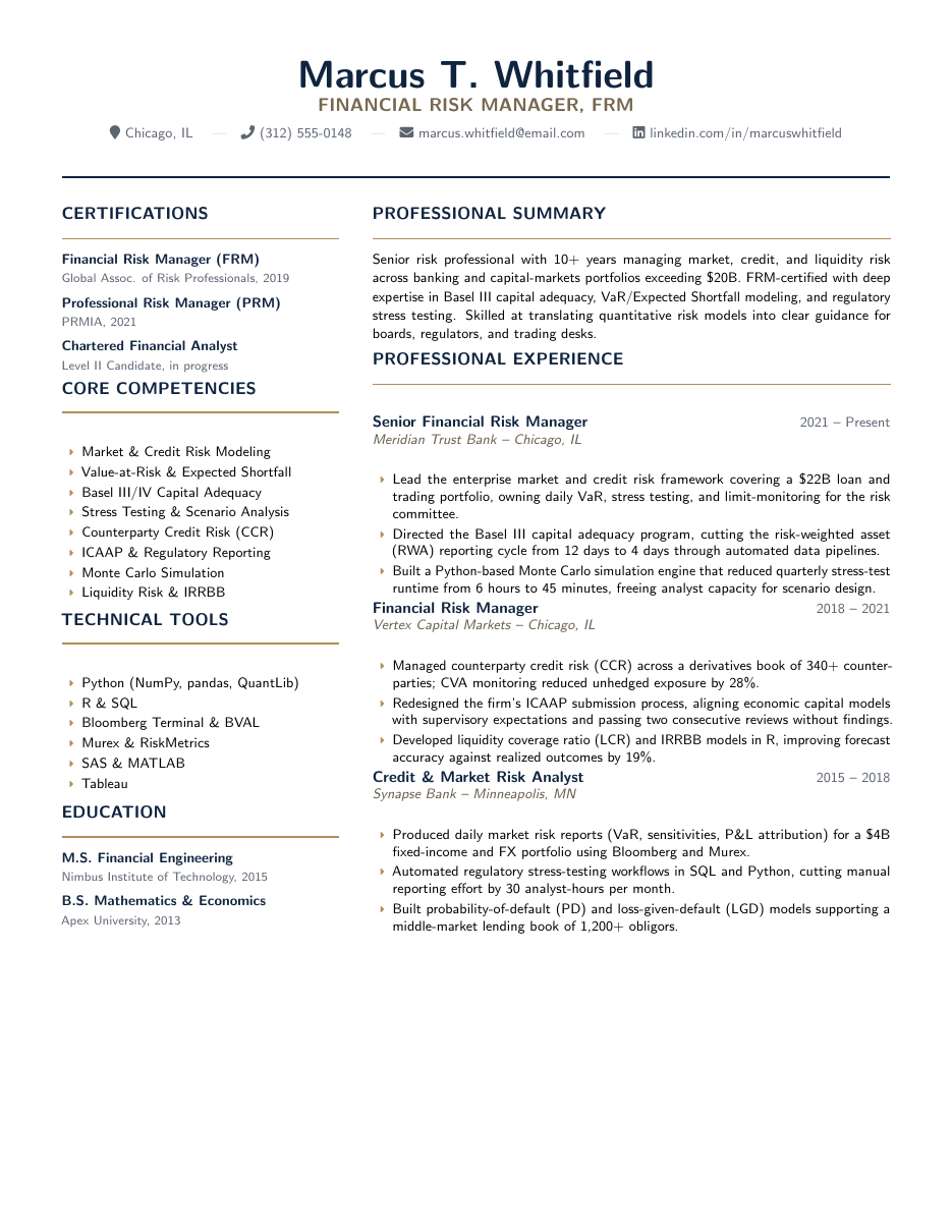 Financial Risk Manager (FRM) Resume LaTeX template — first page preview