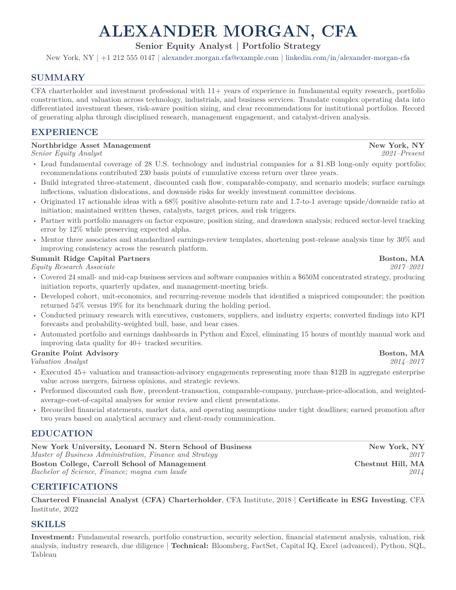Chartered Financial Analyst (CFA) Resume LaTeX template — first page preview