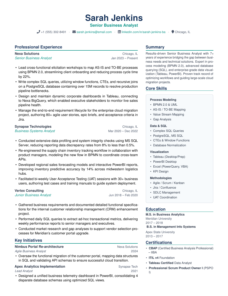 Business Analyst Resume LaTeX template — first page preview