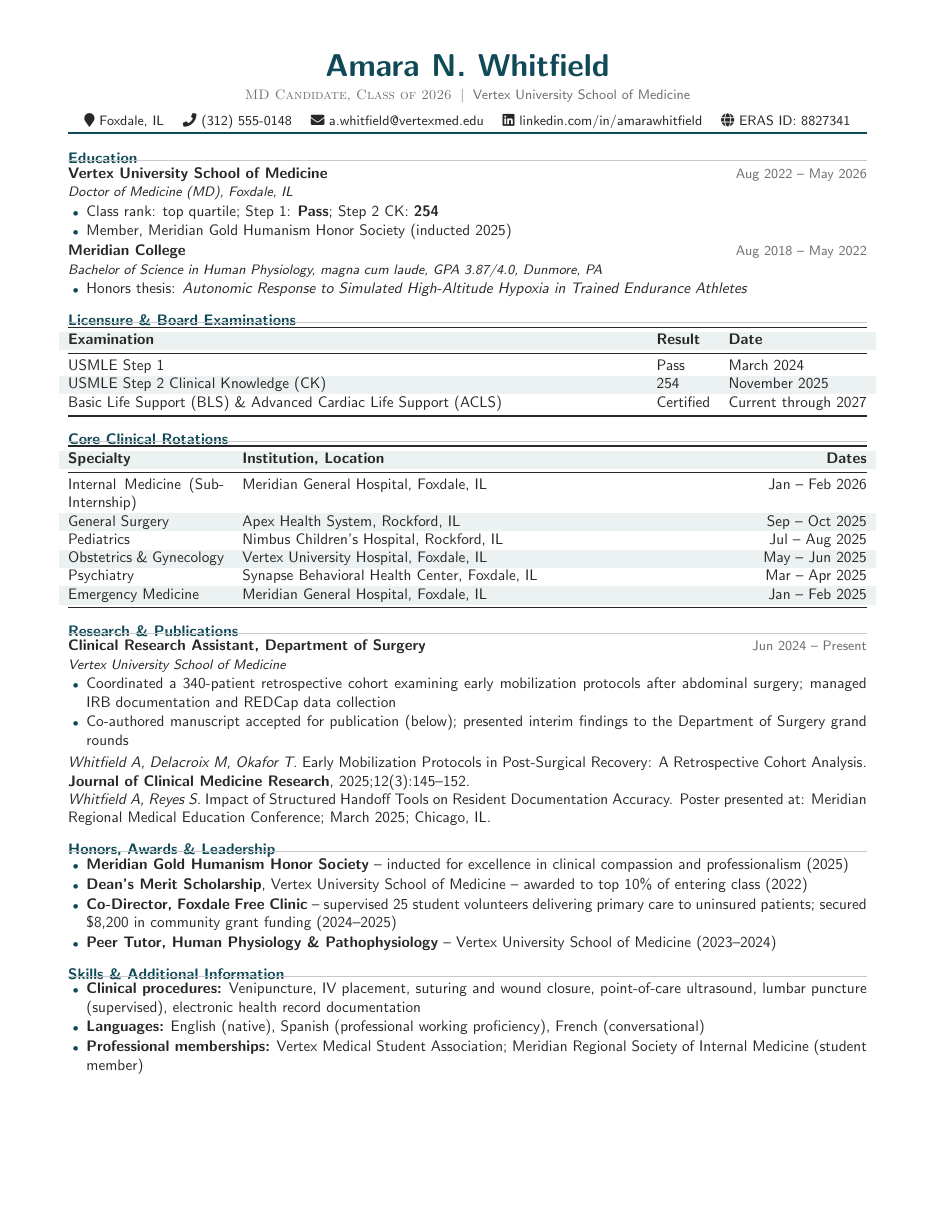 Medical Resident CV LaTeX template — first page preview