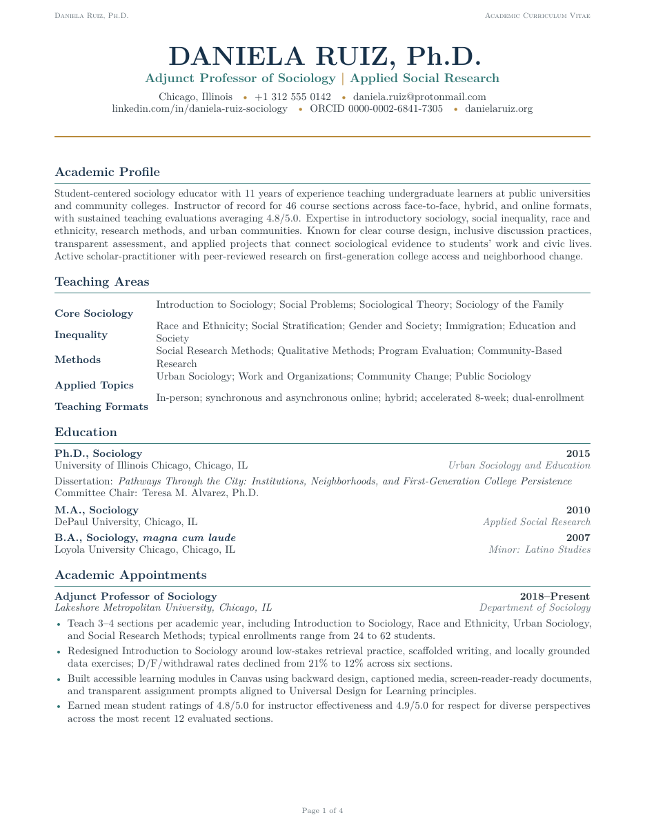 Academic Adjunct Professor CV LaTeX template — first page preview