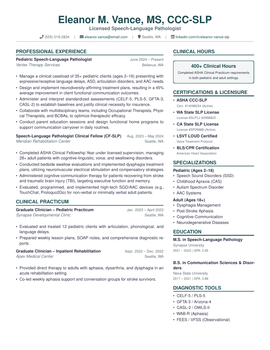 Speech-Language Pathologist Resume LaTeX template — first page preview