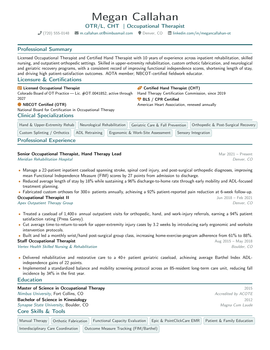 Occupational Therapist Resume LaTeX template — first page preview